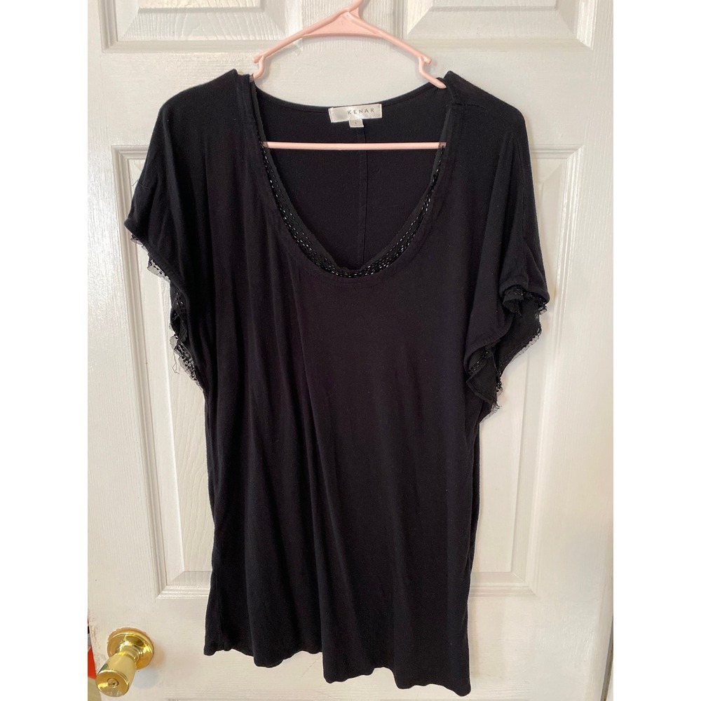 Kenar Womens Black Lace Trim Scoop Neck Short Sleeve Flutter Top Size Large